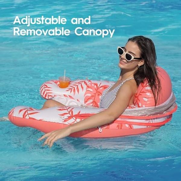 NM55821 XL Pool Inflatable Floating Lounge Chair with with Adjustable Sun Shade & Canopy for Adults