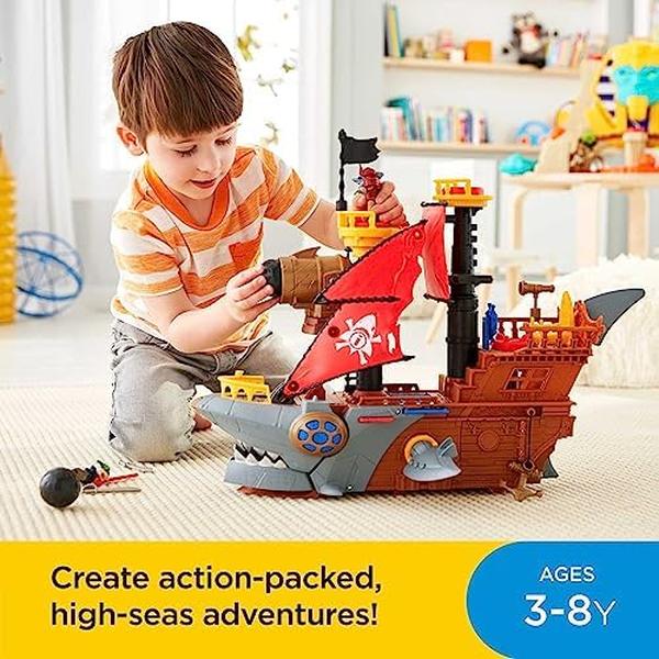 NM56010 Imaginext Preschool Toy Shark Bite Pirate Ship Playset with Figure & Accessories for Pretend Play Ages 3 Plus Years