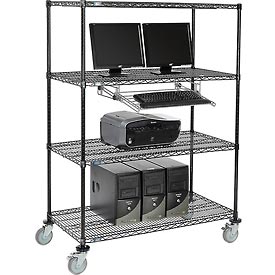 250116BK 4-Shelf Mobile Wire Computer LAN Workstation with Keyboard Tray, Black - 48 x 24 x 69 in.