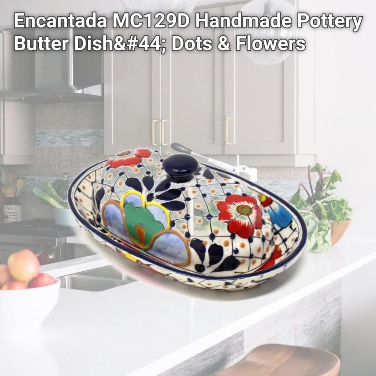 Picture of Encantada MC129D Handmade Pottery Butter Dish, Dots & Flowers