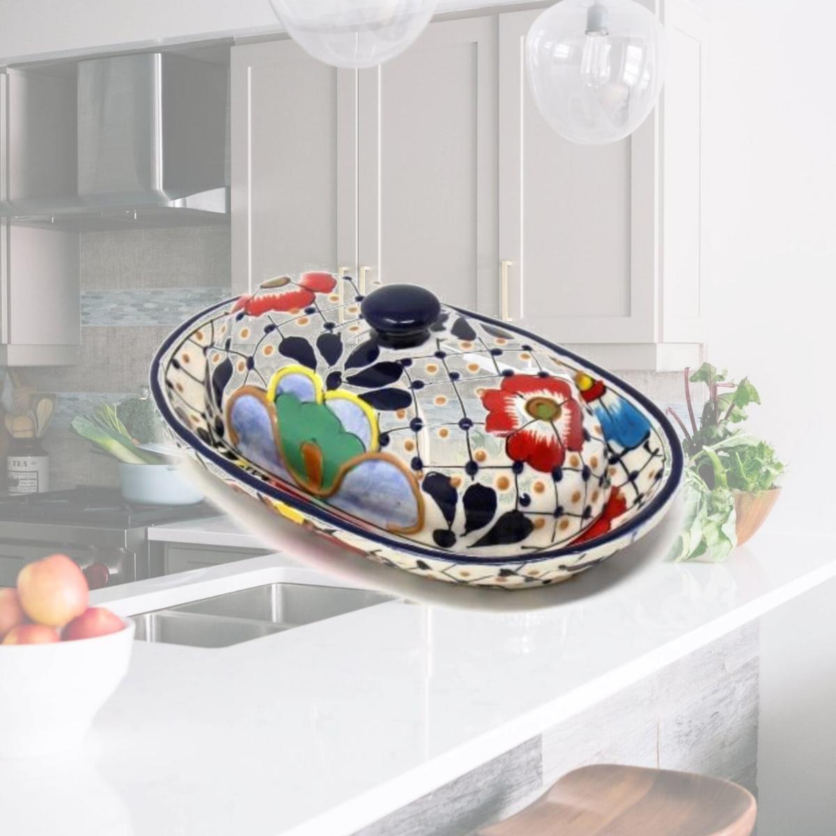 Picture of Encantada MC129D Handmade Pottery Butter Dish, Dots & Flowers