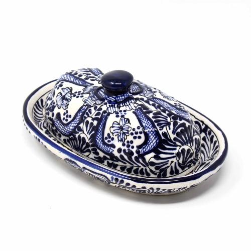 Mc129f Handmade Pottery Butter Dish, Blue Flower