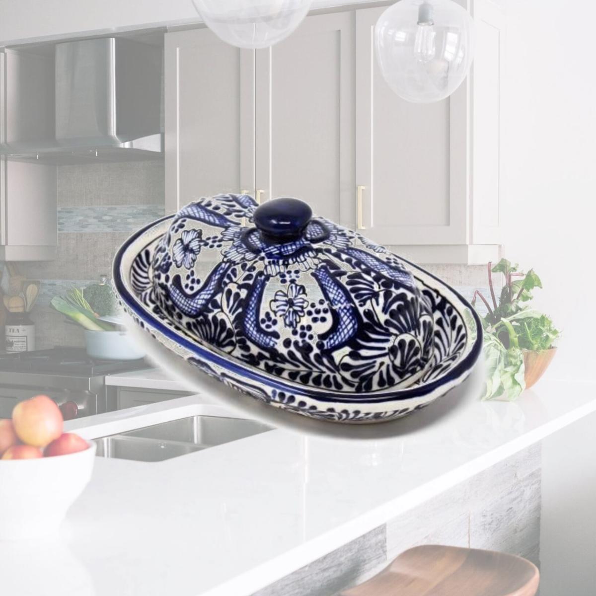 Picture of Encantada MC129F Handmade Pottery Butter Dish, Blue Flower