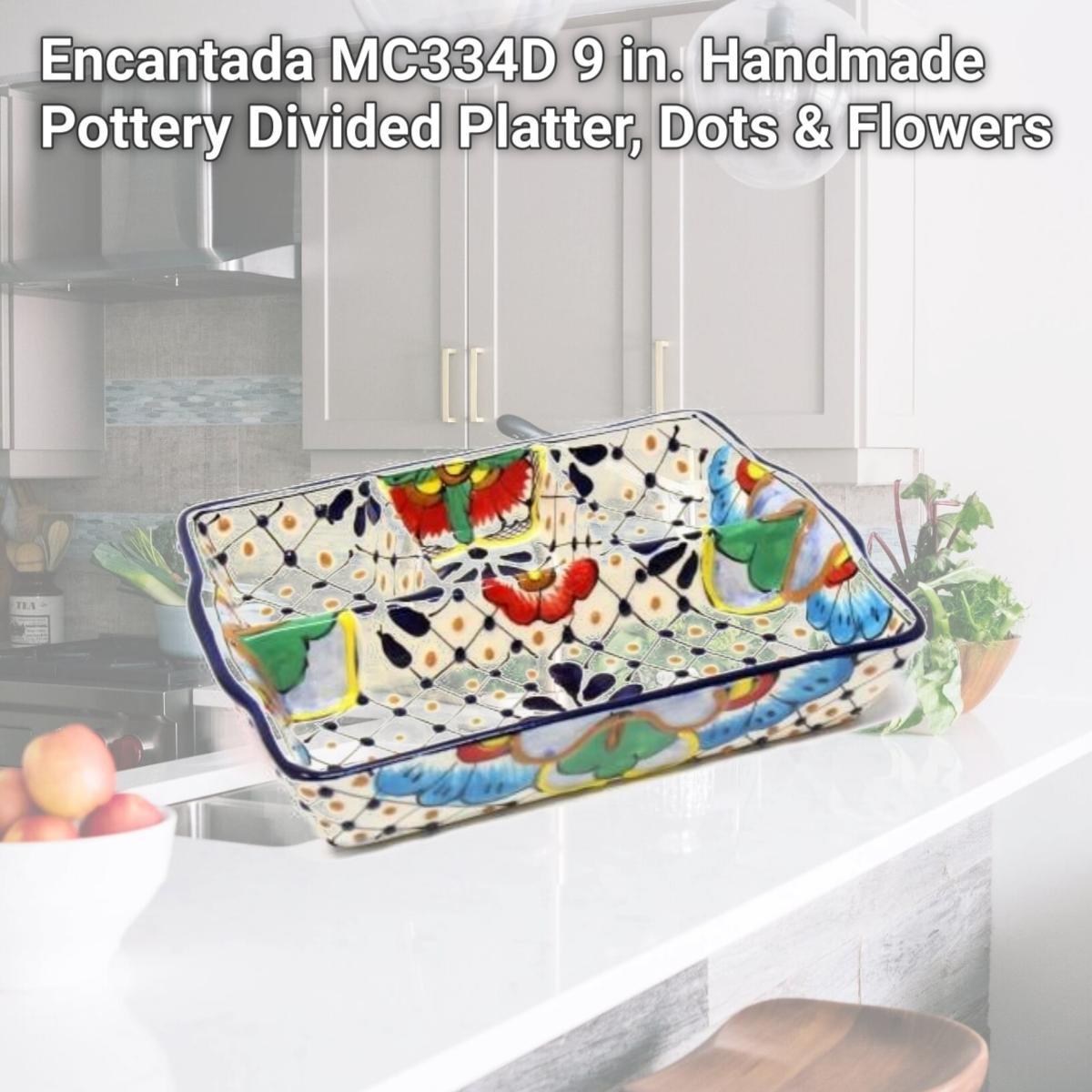 Picture of Encantada MC334D 9 in. Handmade Pottery Divided Platter, Dots & Flowers