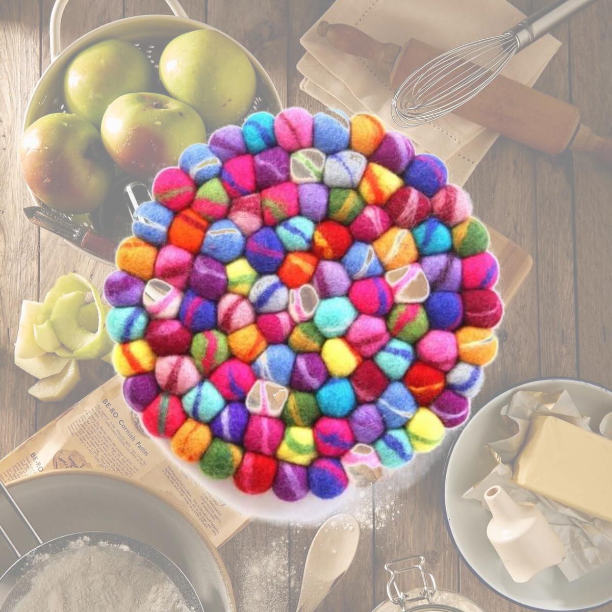 Picture of Global Groove GLG50053-02L Hand Crafted Felt Ball Trivets, Round - Rainbow