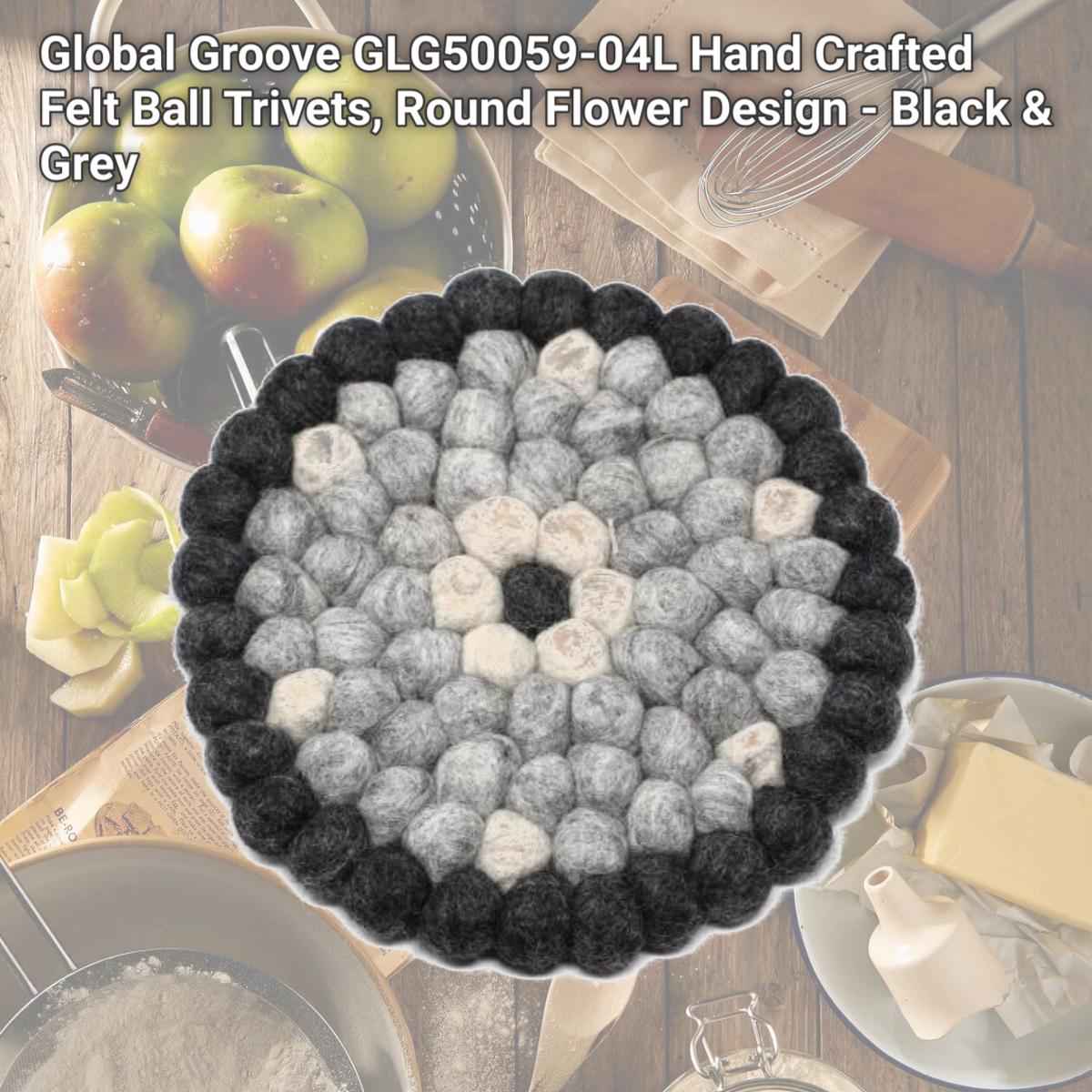 Picture of Global Groove GLG50059-04L Hand Crafted Felt Ball Trivets, Round Flower Design - Black & Grey