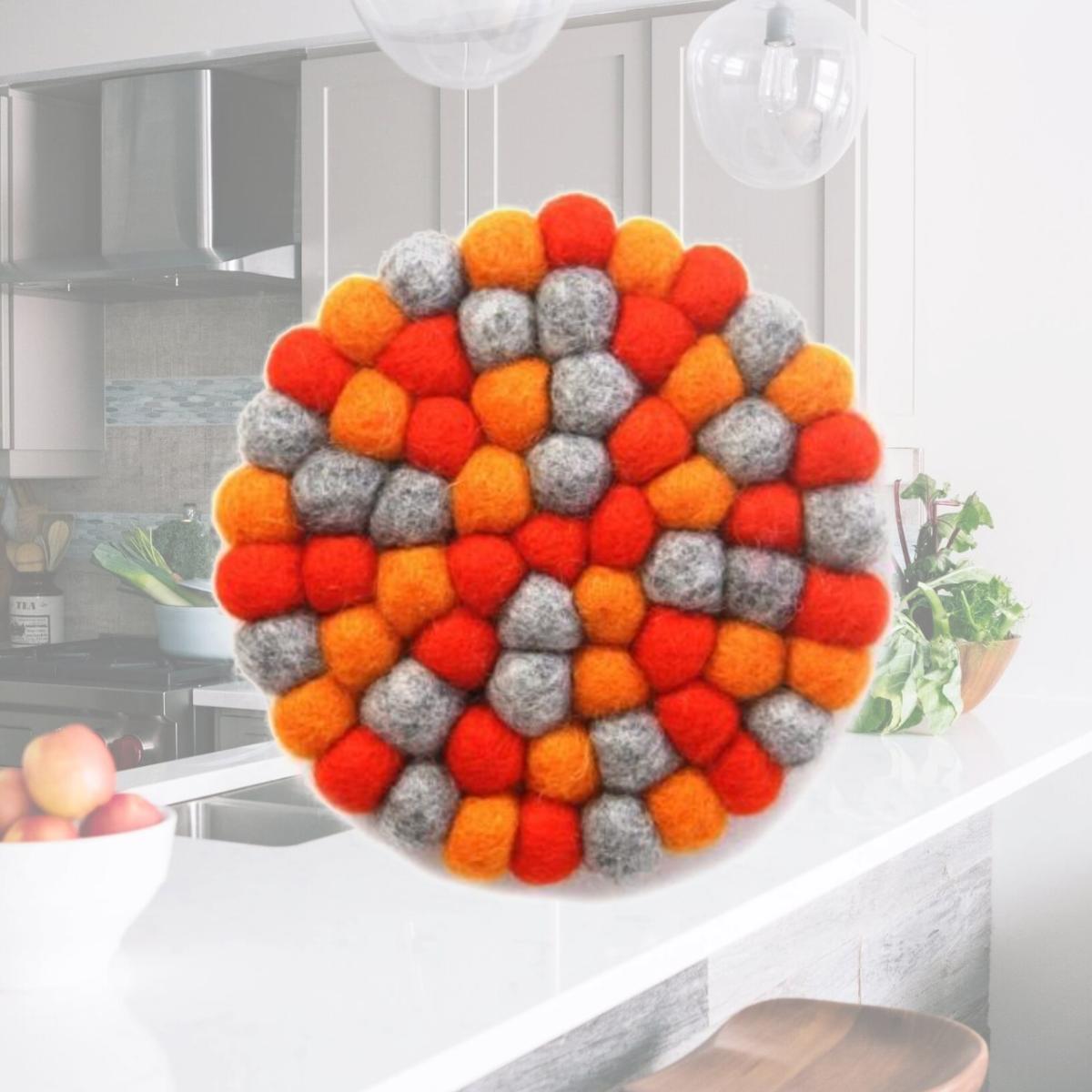 Picture of Global Groove GLG50058-02L 8 in. Crafts Hand Crafted Felt Ball Wool Trivet Mat From Nepal - Round Pad Chakra, Oranges