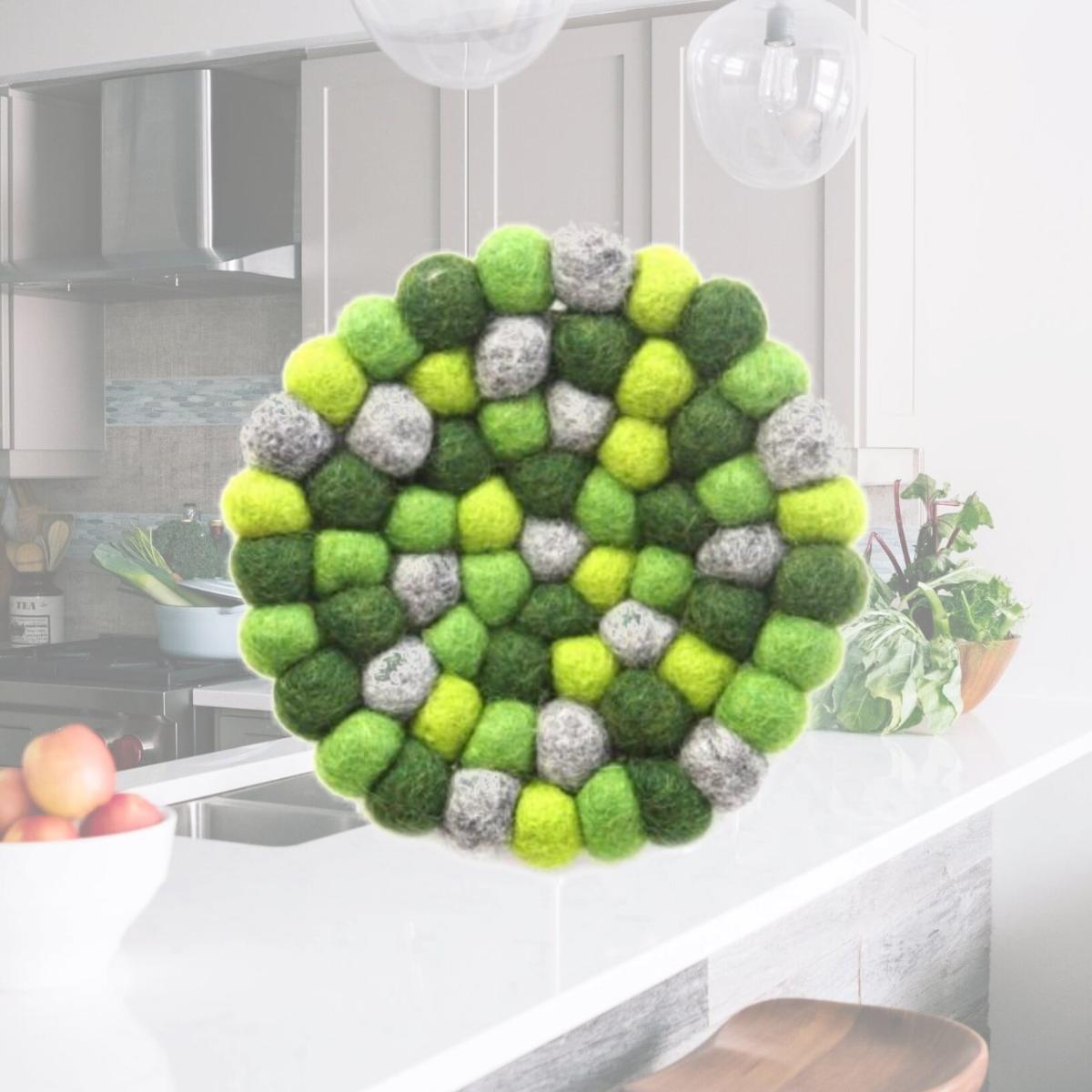 Picture of Global Groove GLG50058-04L Round Chakra Hand Crafted Felt Ball Trivets from Nepal, Greens