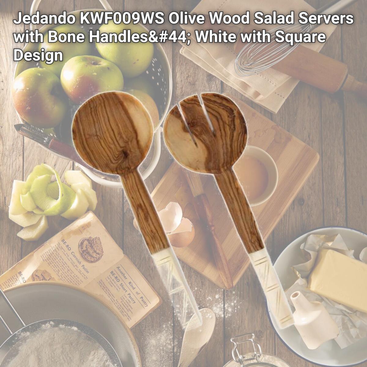 Picture of Jedando KWF009WS Olive Wood Salad Servers with Bone Handles, White with Square Design