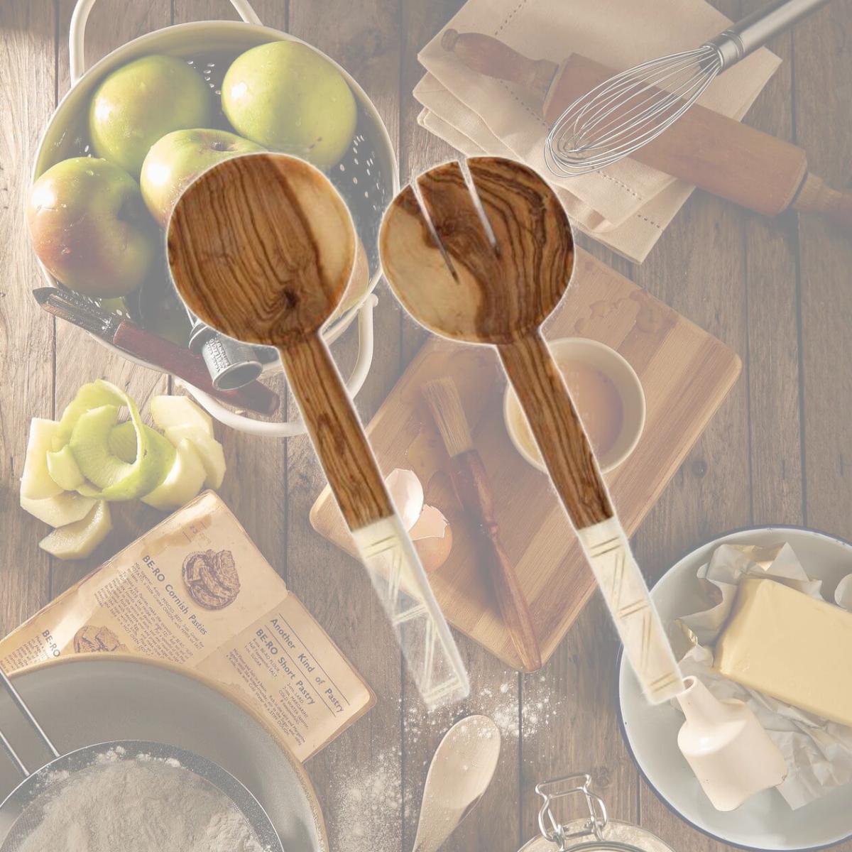Picture of Jedando KWF009WS Olive Wood Salad Servers with Bone Handles, White with Square Design