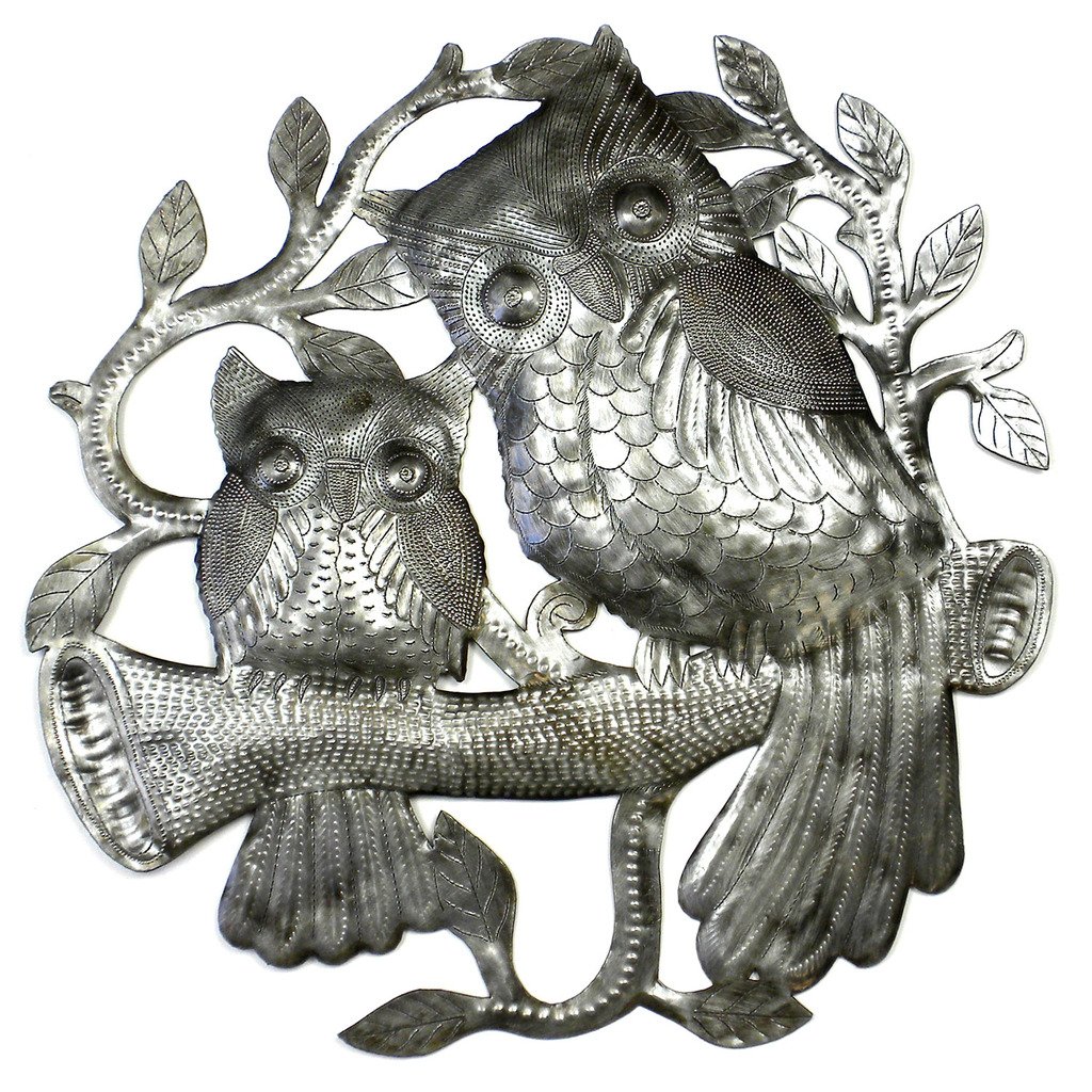 Hmdowl2 Handmade & Fair Trade Pair Of Owls On Perch Metal Wall Art