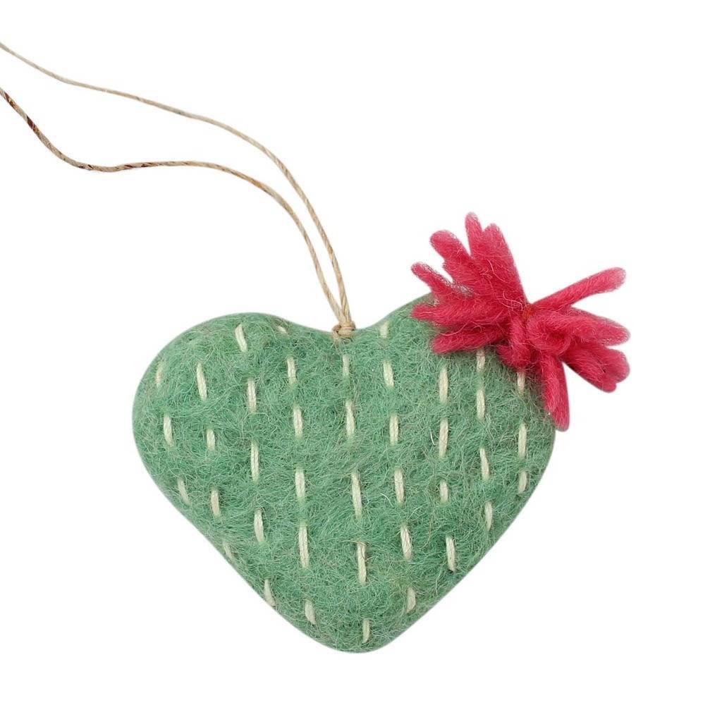 Glg50014-02-241432 Handmade & Fair Trade Heart Cactus With Flower Felt Ornament, Sage