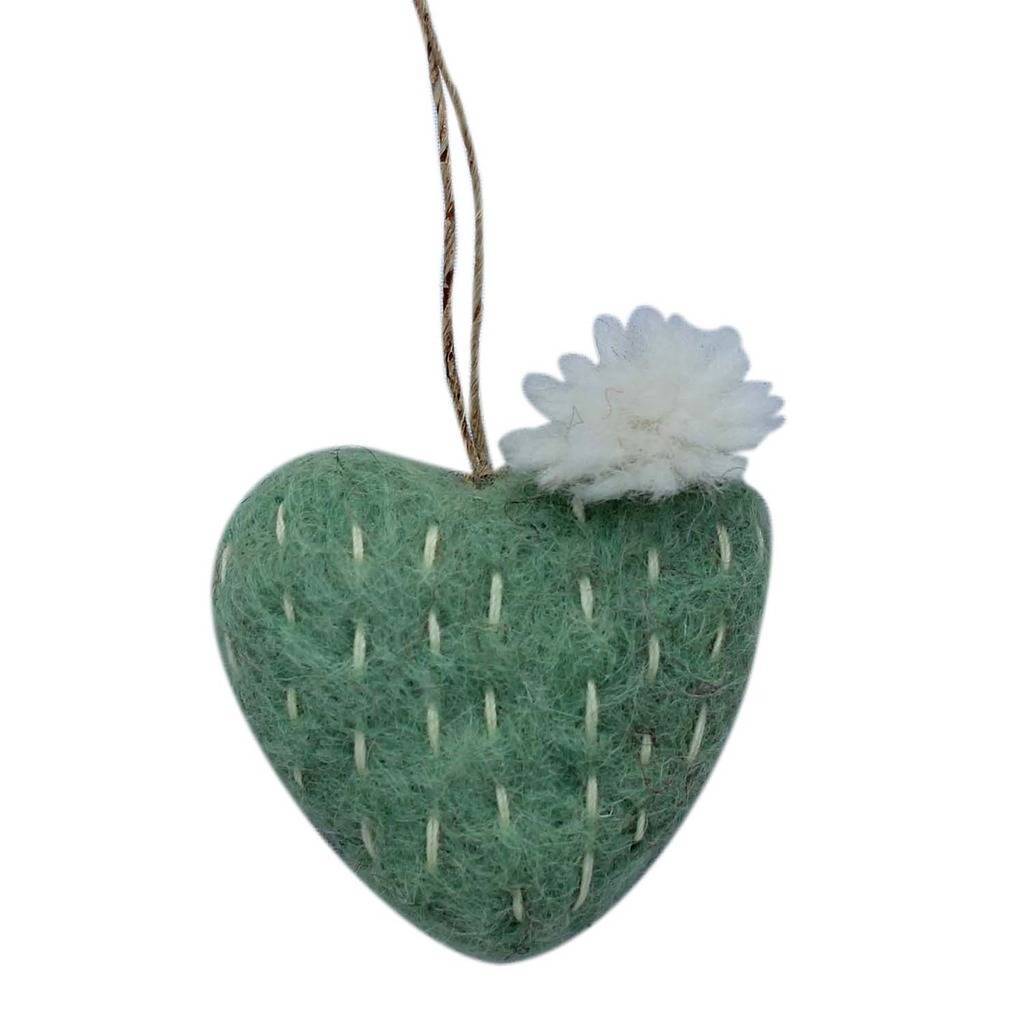 Glg50014-03-241433 Handmade & Fair Trade Heart Cactus With White Flower Felt Ornament, Sage