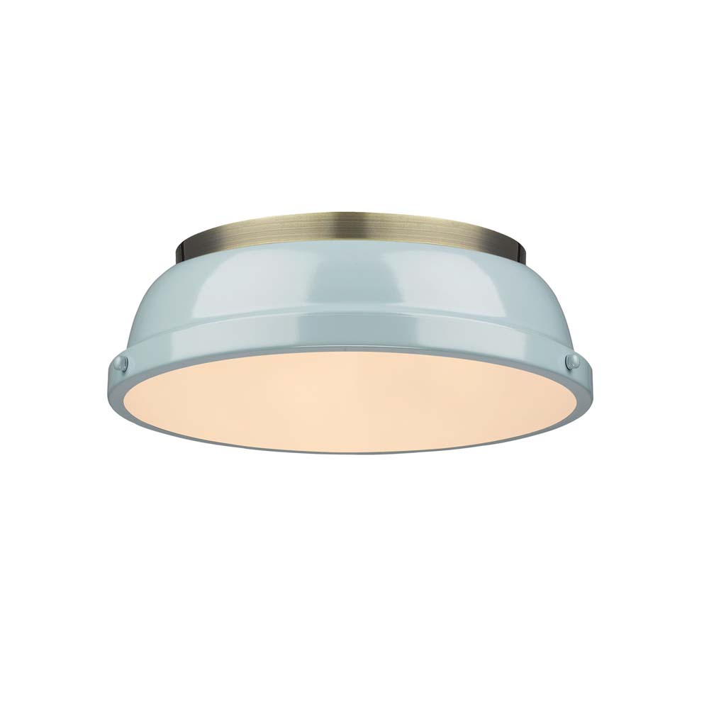 3602-14 Ab-sf 14 In. Duncan Flush Mount In Aged - Brass With Seafoam Shade