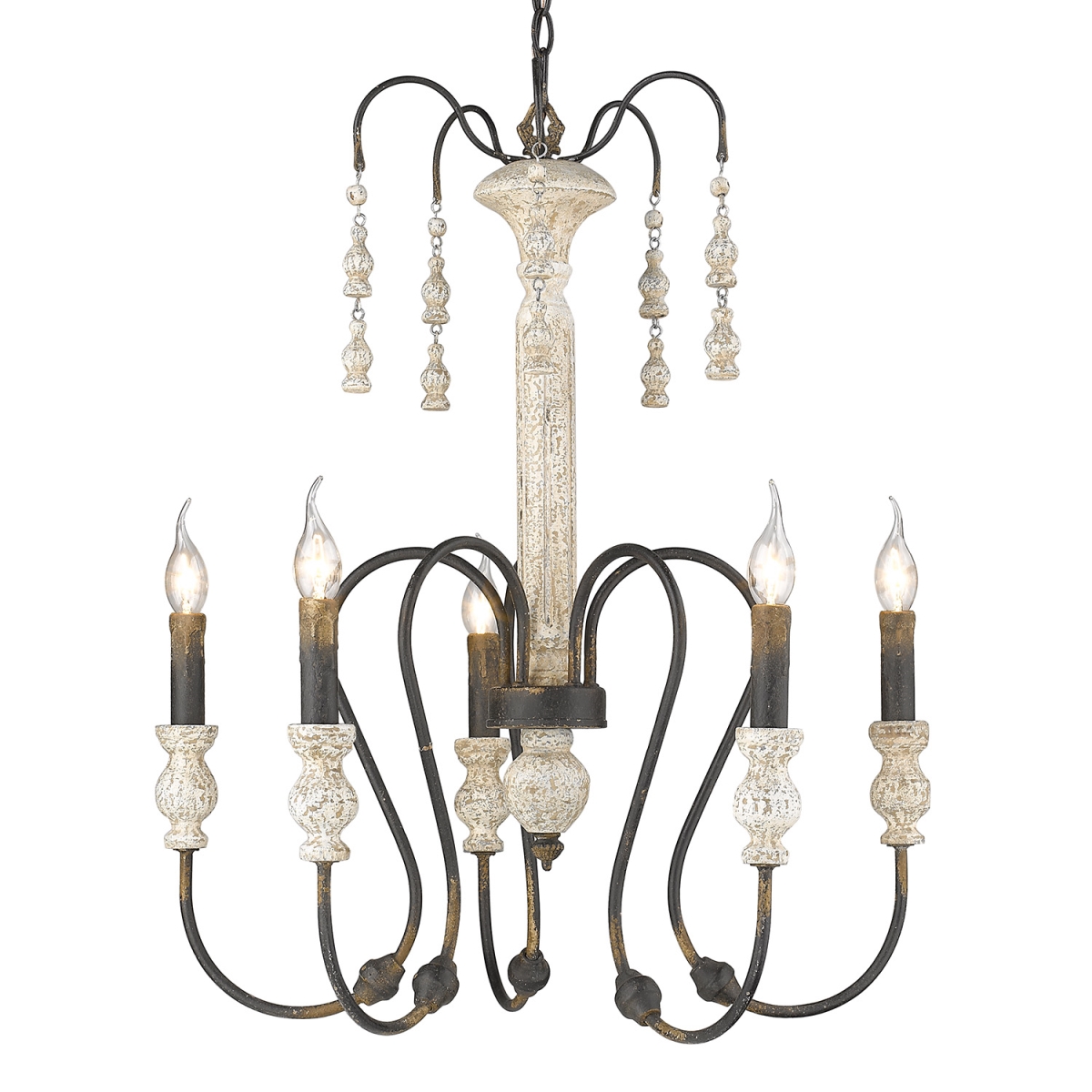 0875-5 Abi 23 In. Amelie 5 Lights Antique Black Iron Chandelier Ceiling Light - Weathered White Wood