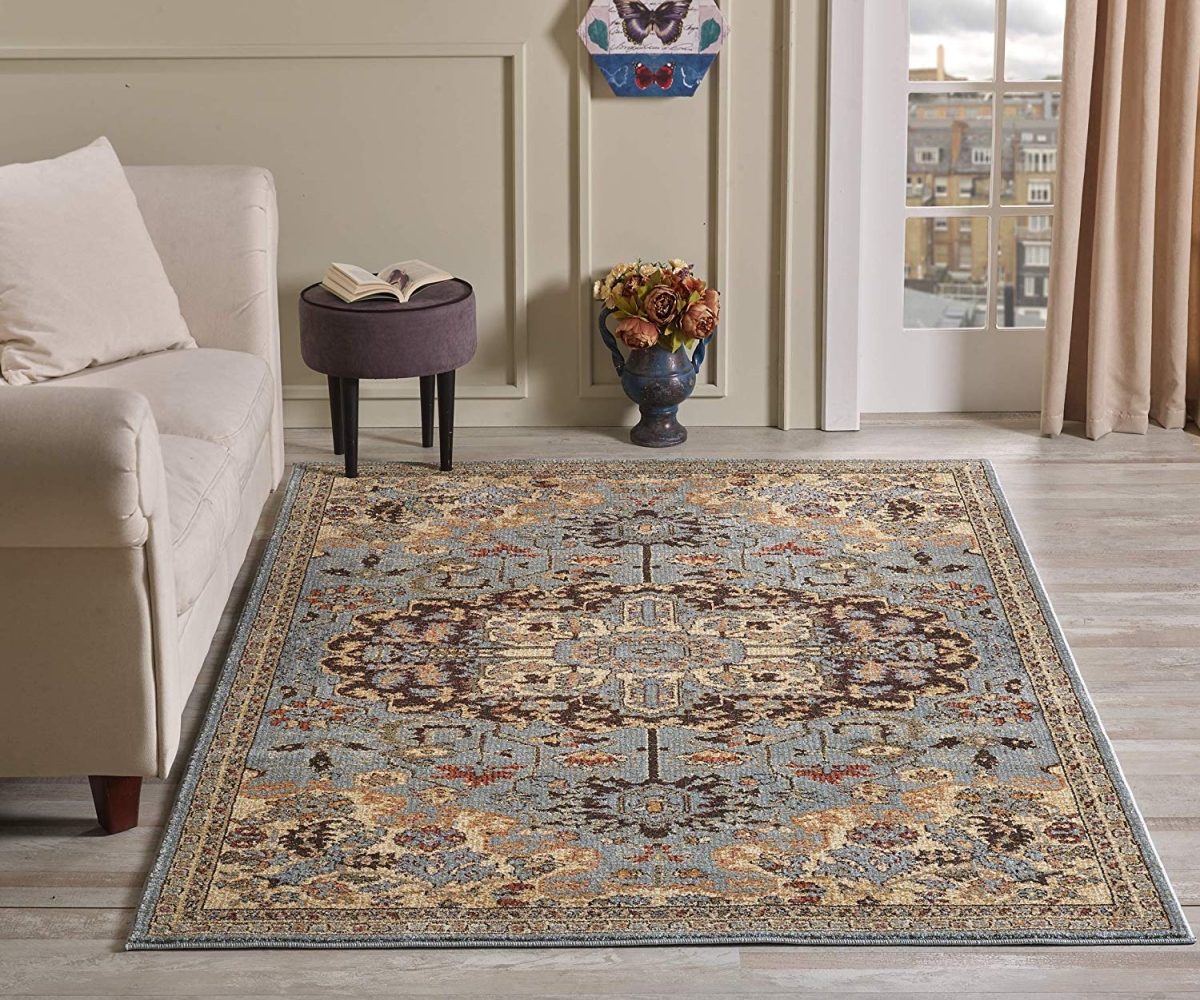 7254 Traditional Bedroom Living Room Dining Medallion Carpet Area Rug, Blue - 5 X 7 In.