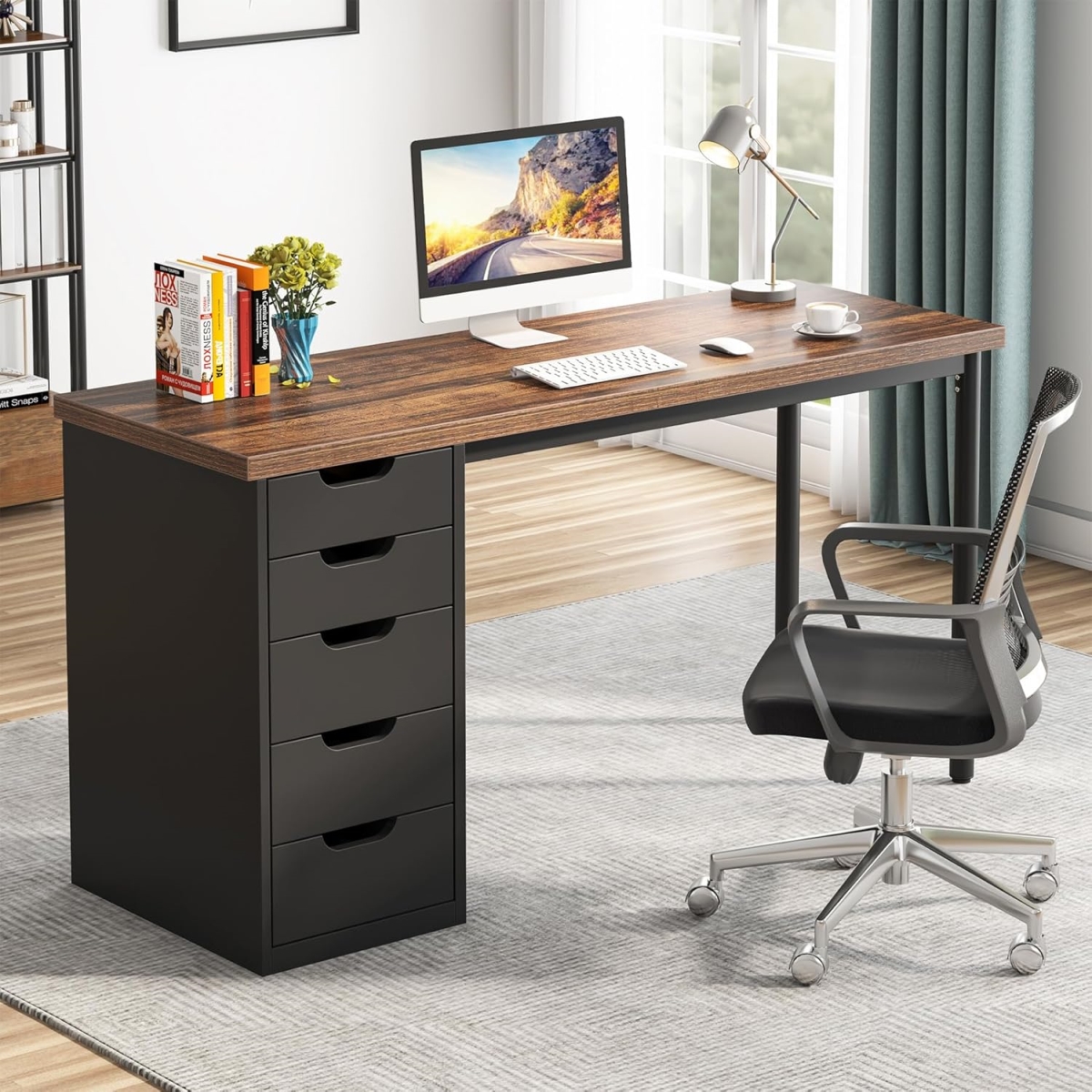TB-RY0146 47 in. Computer Desk with 5 Drawers & Reversible Cabinet - Rustic Brown & Black