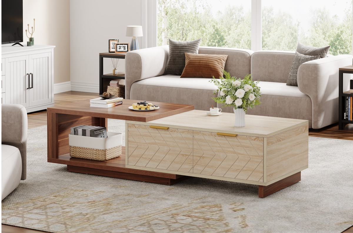 TB-XK00651 42.13 in. Extendable Coffee Table with 2 Storage Drawers - Walnut & Oak