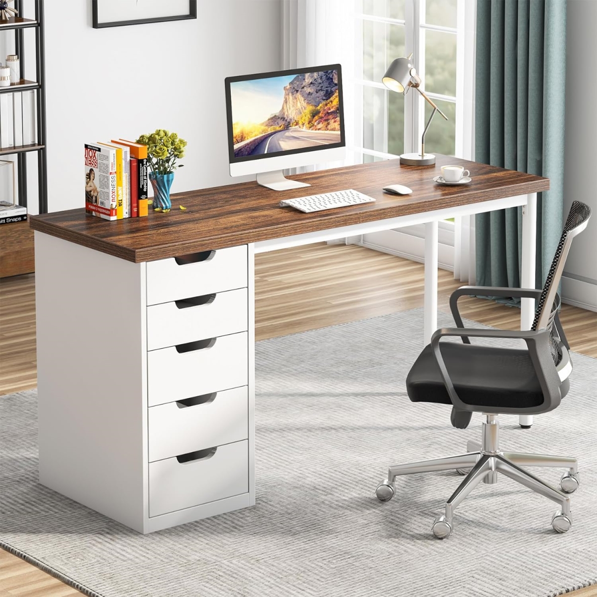 TB-RY0060X 47 in. Computer Desk with 5 Drawers - Rustic Brown