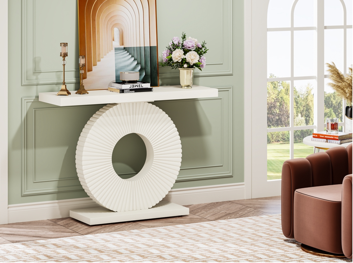 TB-J0185X 40 in. Modern Console Table with Sculptural Geometric Base - Slim Entryway - White