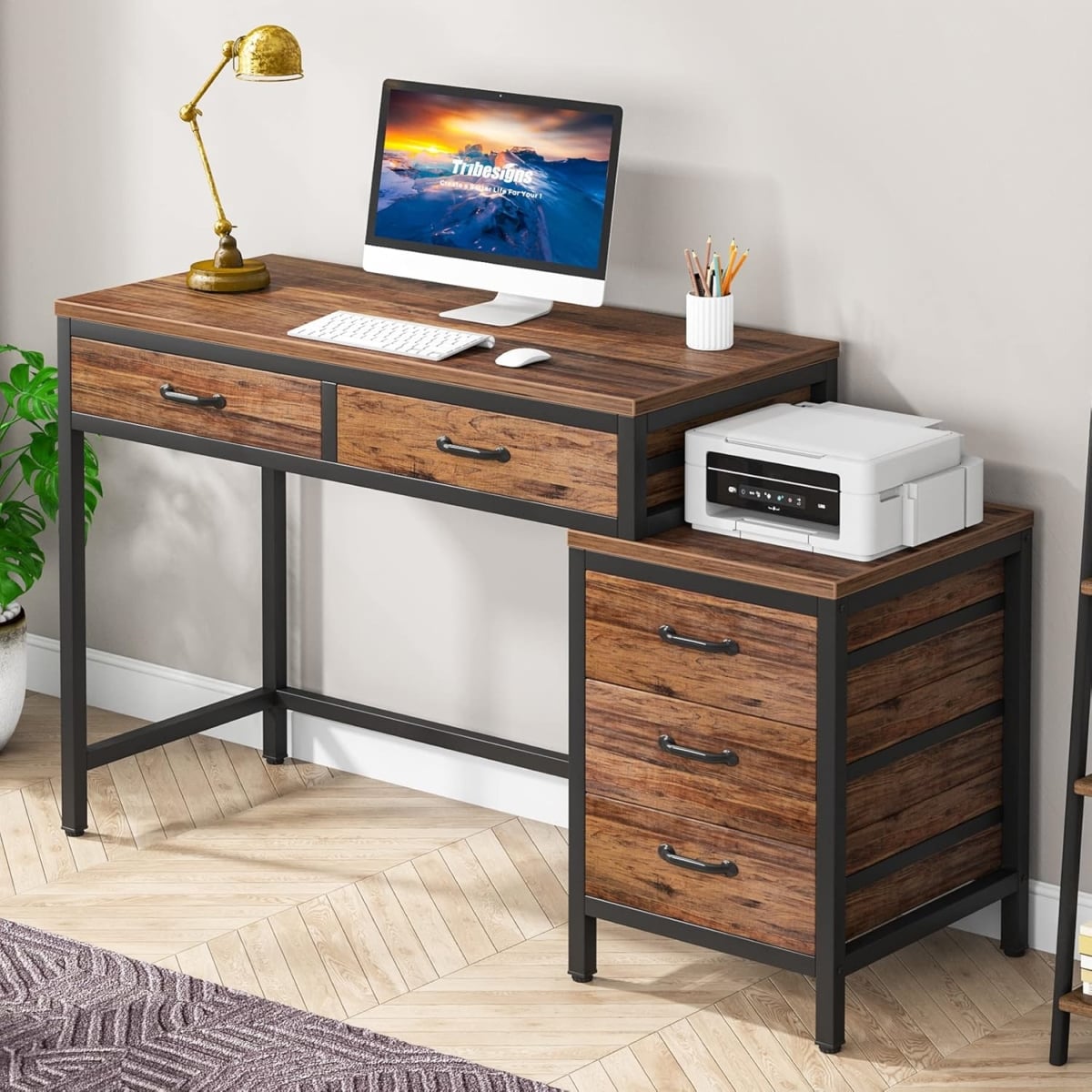 TB-JW0390X 51 in. Reversible Computer Desk with 5 Drawers & File Cabinet - Rustic Brown