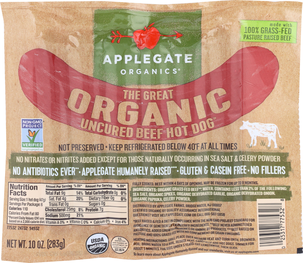 UPC 025317775328 product image for Applegate Farms KHFM00297375 Hot Dogs Organic Beef 10 oz | upcitemdb.com