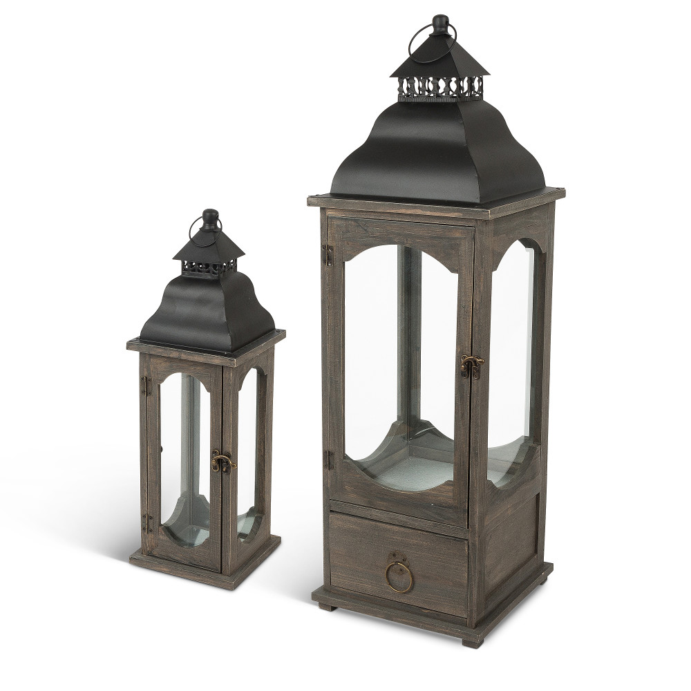 Gerson 44122ec Assorted Sized Nested Wood & Metal Lanterns With Steepled Roofs - Set Of 2