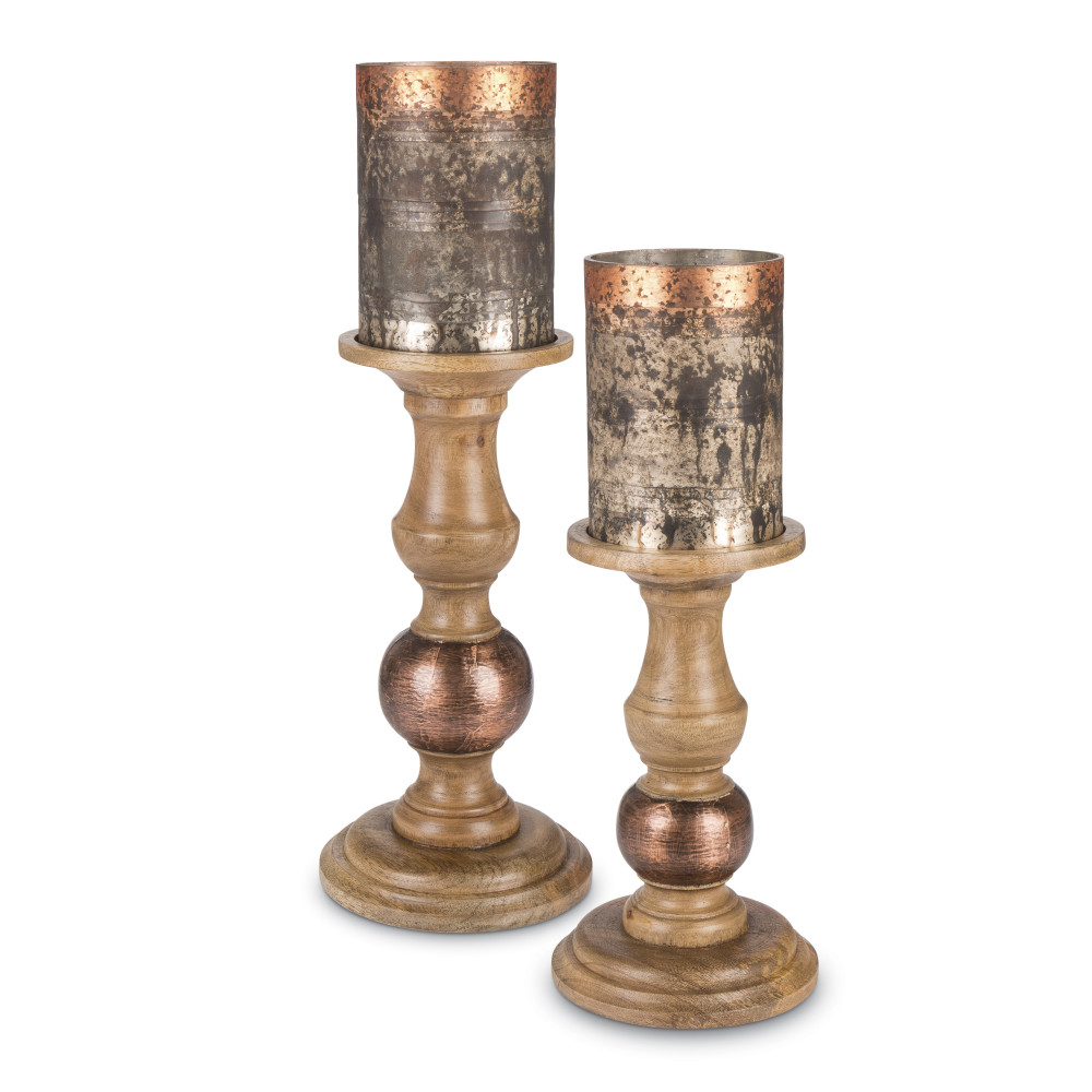 Gerson 94075ec Glass Hurricane-top Candle Holders With Wooden Mango Base - Set Of 2