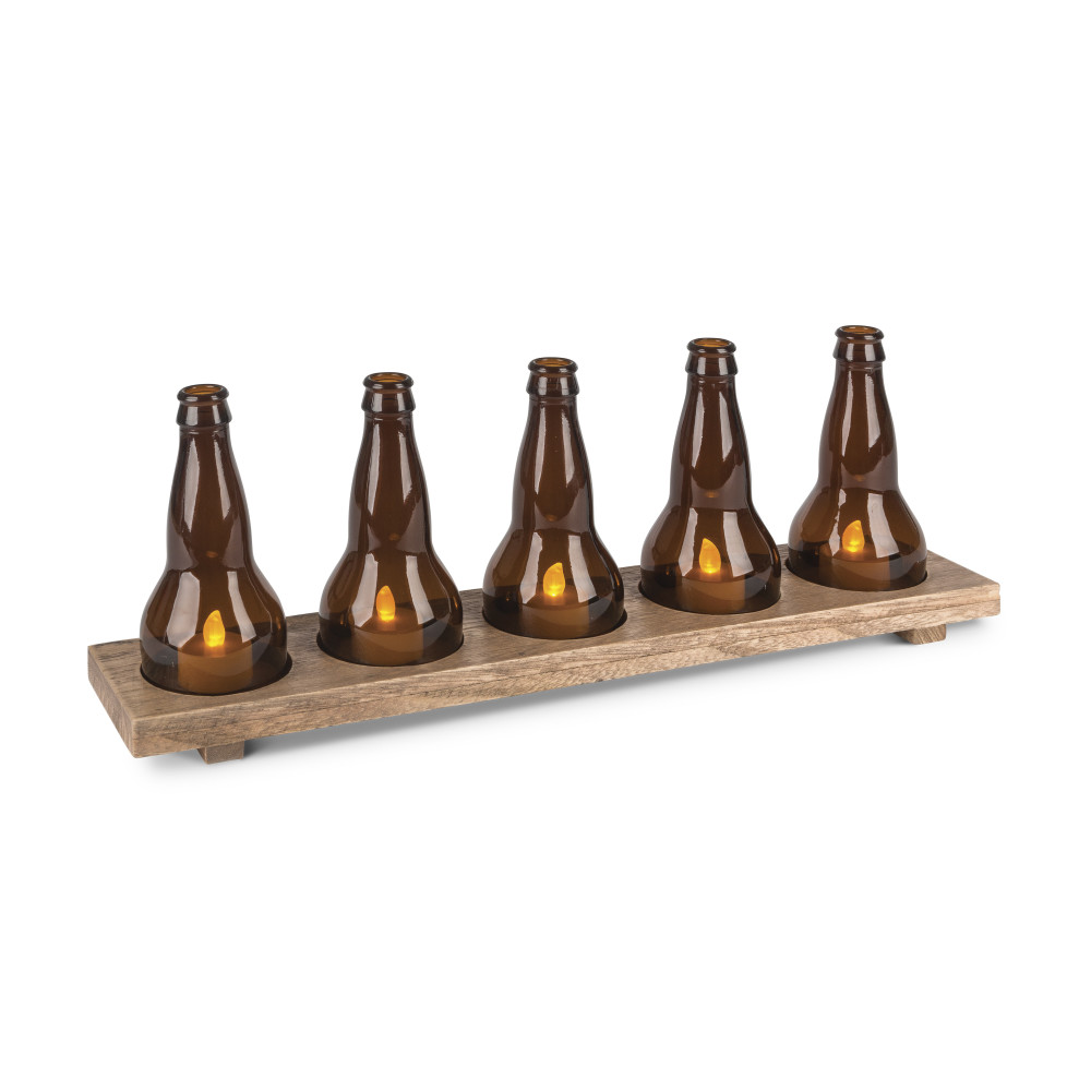 Gerson 94081ec 20.3 In. Brown Glass Beer Bottle Flameless Candle Holders On Wooden Base