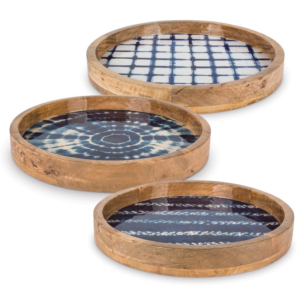 Gerson 94093ec 15.75 In. Mango Wood Serving Trays With Assorted, Indigo & Tie-dye Patterns - Set Of 3