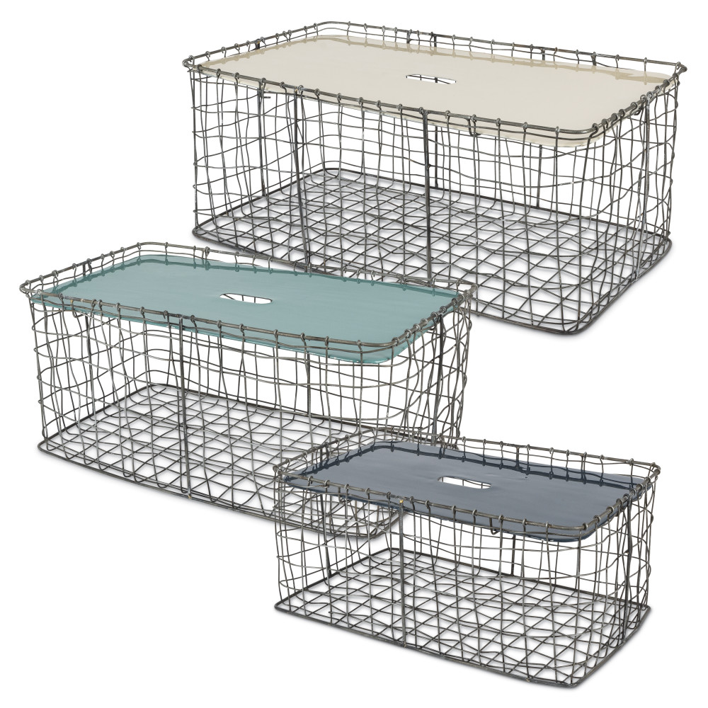 Gerson 94099ec Rectangular Stacking Chicken Wire Baskets With Enameled Top - Set Of 3