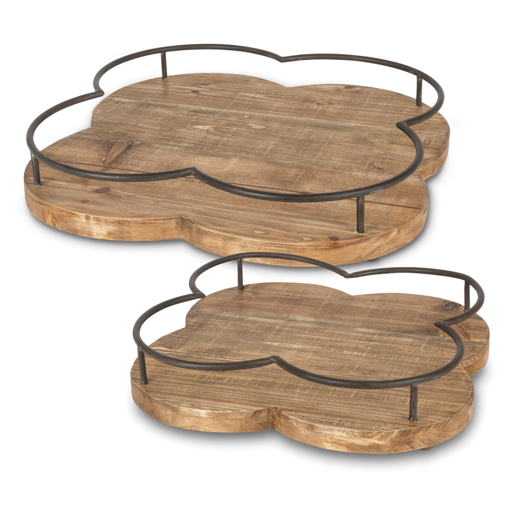 Gerson 94144ec Assorted-size Quatrefoil Wooden Trays With Metallic Railed Edge & Wooden Base - Set Of 2