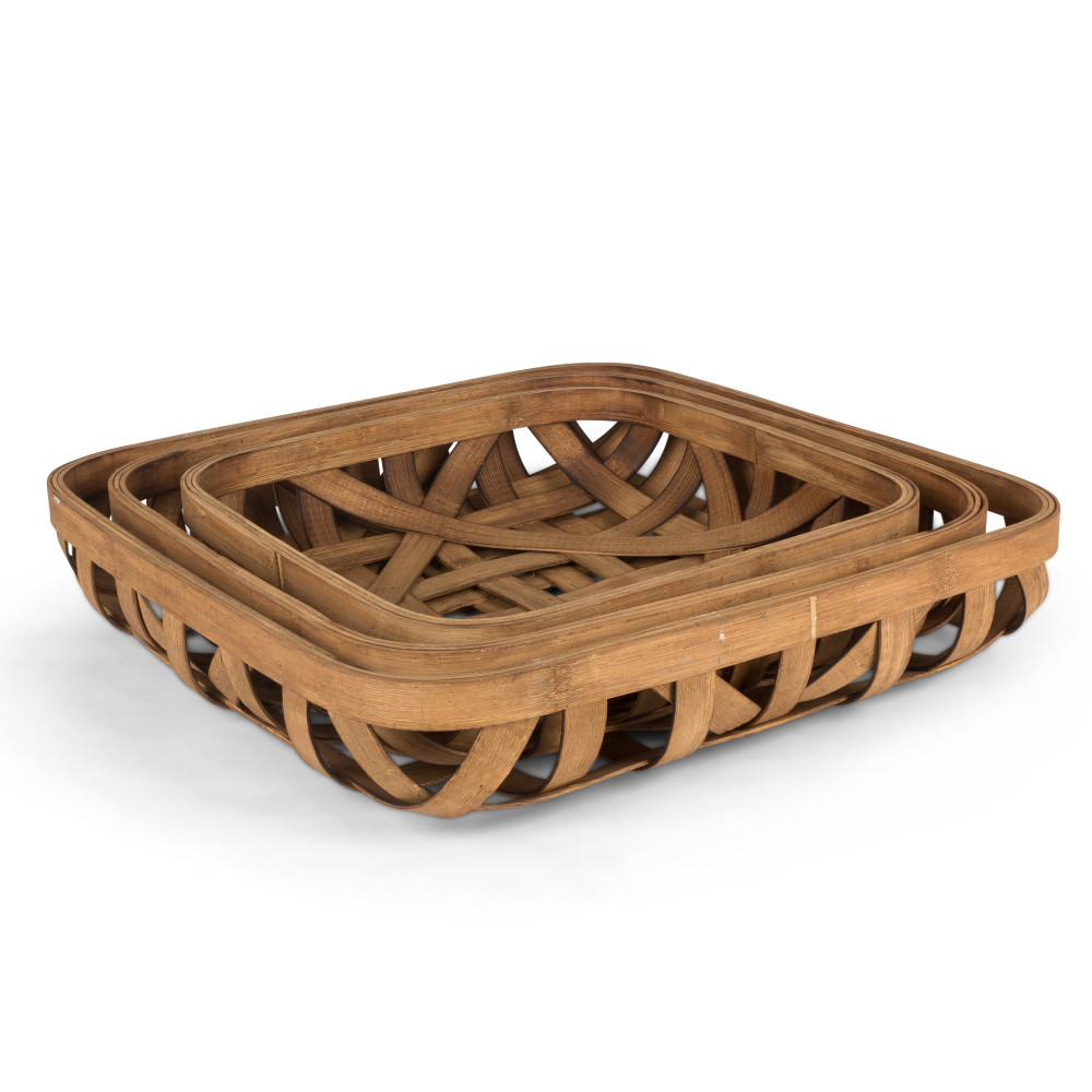 Gerson 94147ec Assorted-size Traditional Nested Tobacco Baskets In Light Brown With Bamboo Wood Base - Set Of 3