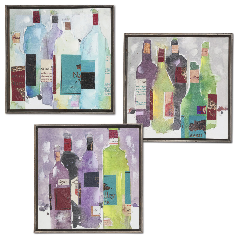 Gerson 94171ec 20.13 In. Square Wine Bottle Prints On Canvas In Assorted Designs With Fir Wood Frames - Set Of 3