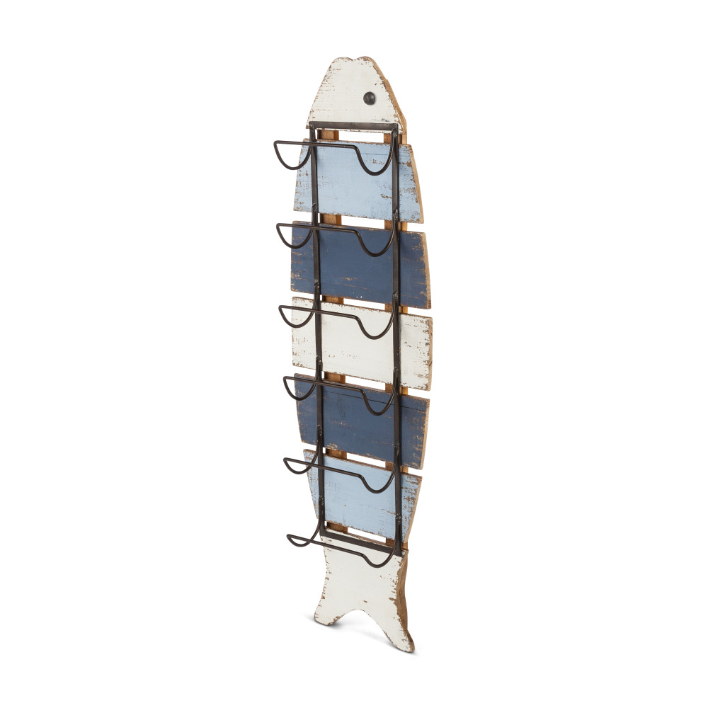 Gerson 94382 White Washed Wooden Striped Fish Wall Wine Or Towel Rack