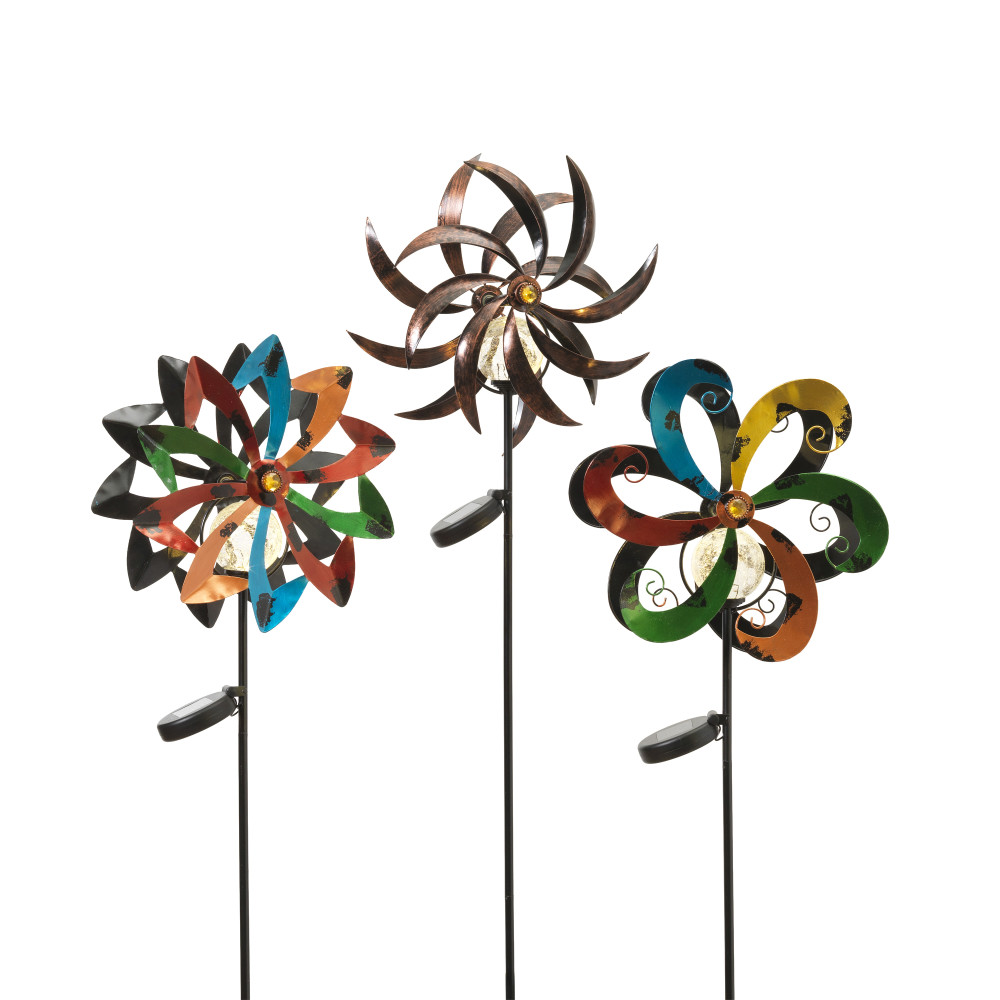 Gerson 2391460ec 43 In. Assorted Tall Solar Powered Metal Yard Stakes With Wind Spinners - Set Of 3