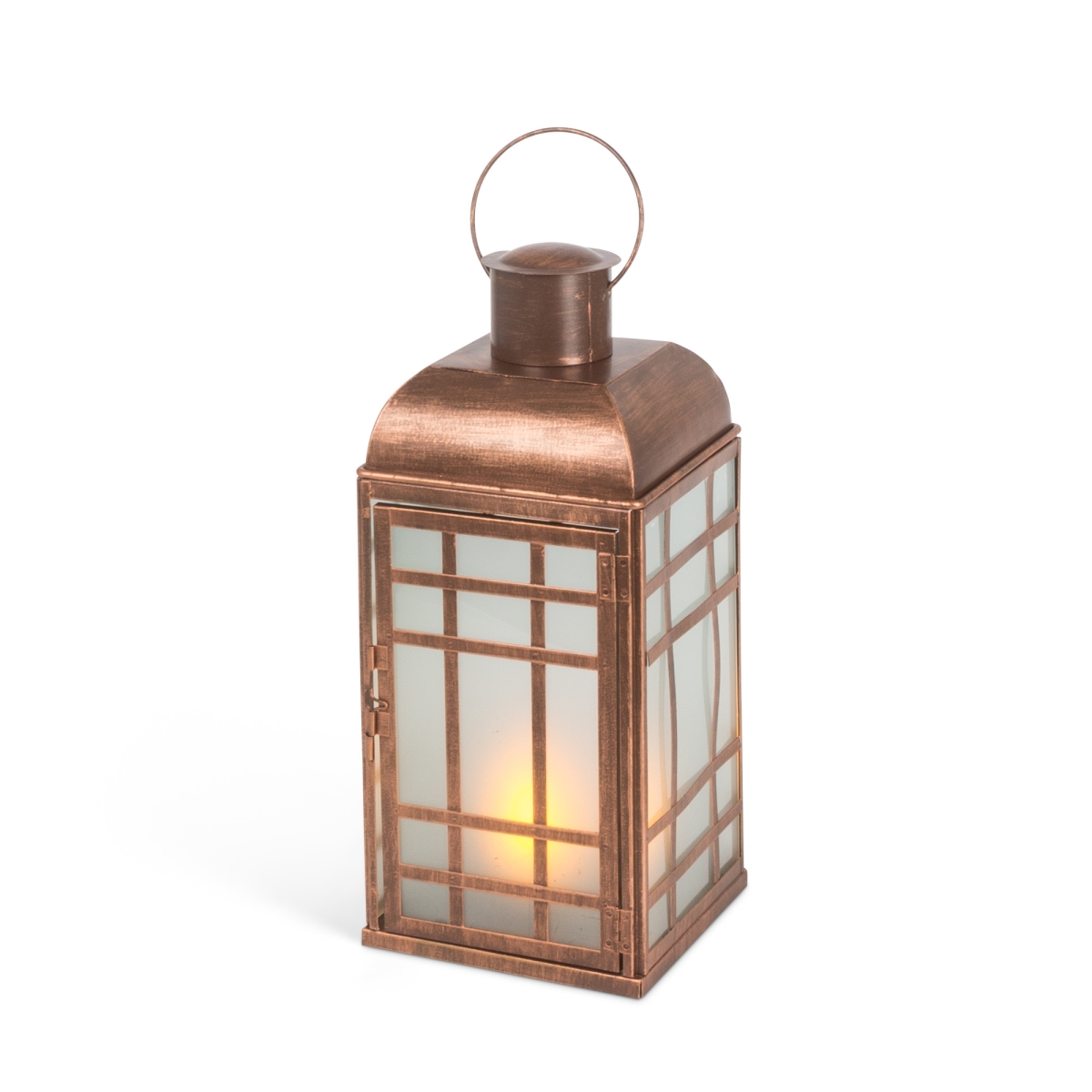 Gerson 44228ec 15 In. Brushed Copper Metal Lantern With Frosted Acrylic Panes, Warm White Led With Flame Movement & Timer - Set Of 2