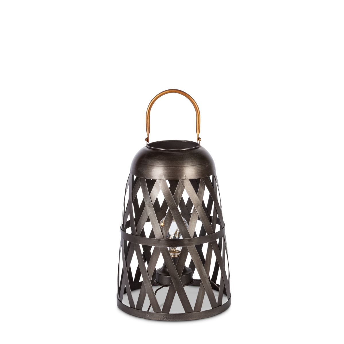 Gerson 44603ec 12 In. Modern Metal Lantern With Matte Black Finish, Three Hook Inner Glass Tube, Led Light Bulb & Timer - Grey