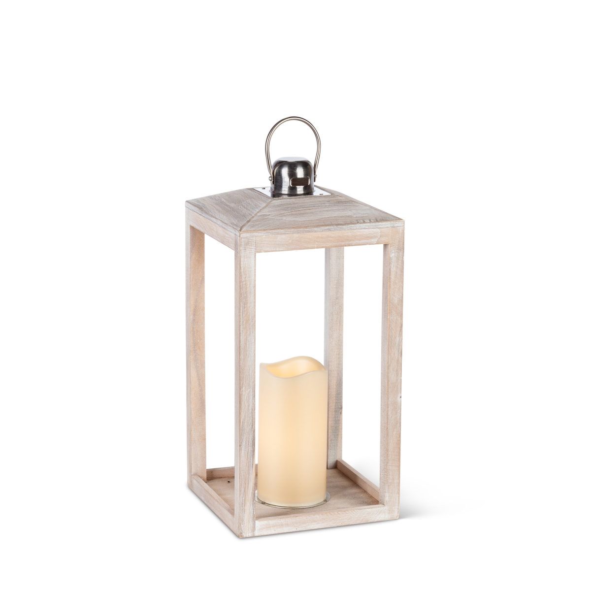 Gerson 44619ec 15 In. Faded-white Antique Wood Lantern With No Panes, Warm White Led Candle & Timer - Set Of 2