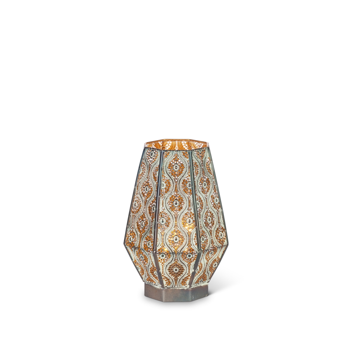 Gerson 44620ec 11 In. Antique Pattern Lantern With Gold Interior & 15 Led Light String, Timer - Multi Color - Set Of 2