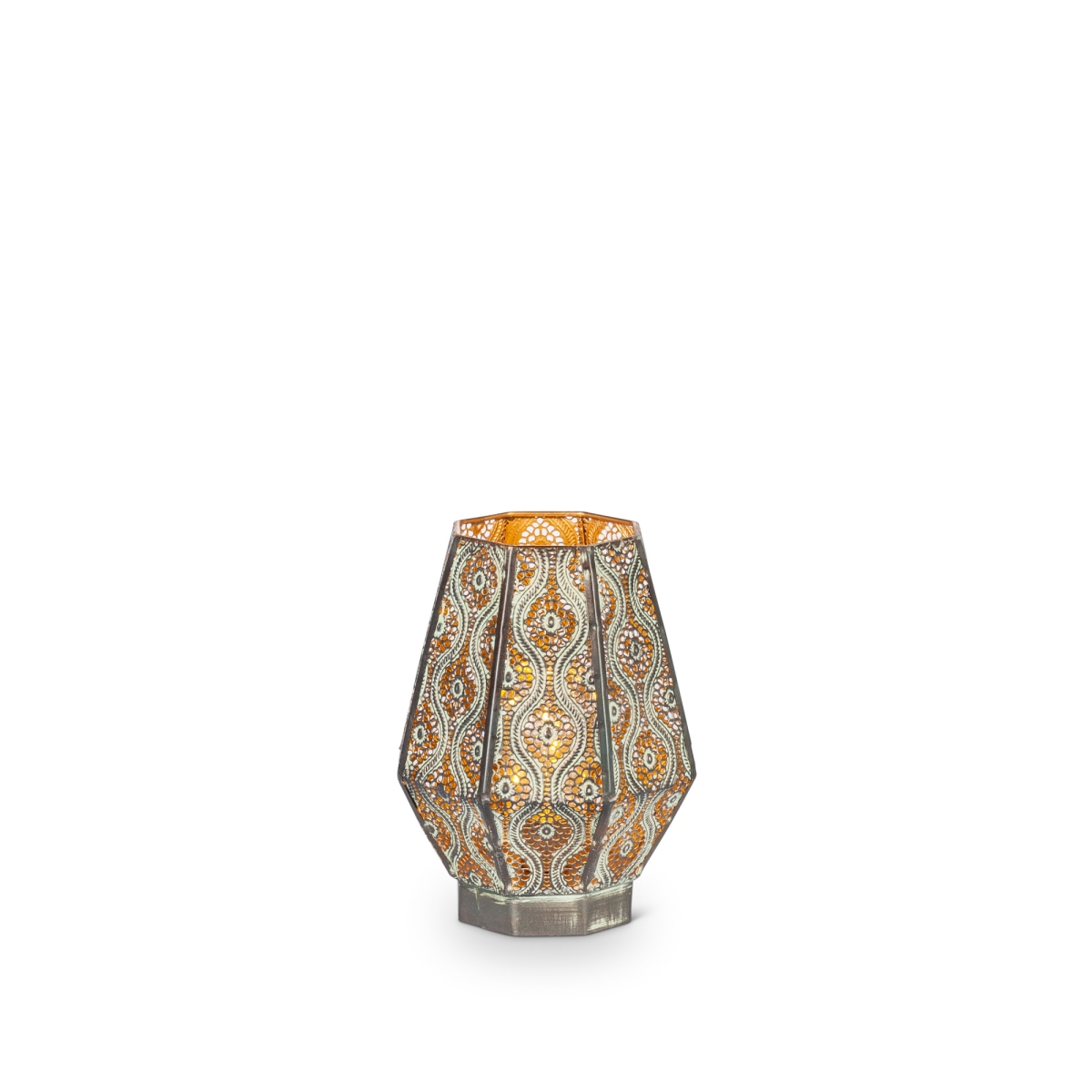 Gerson 44621ec 9 In. Antique Patterned Metal Lantern With Gold Interior, 15 Led Light String & Timer - Multi Color - Set Of 2
