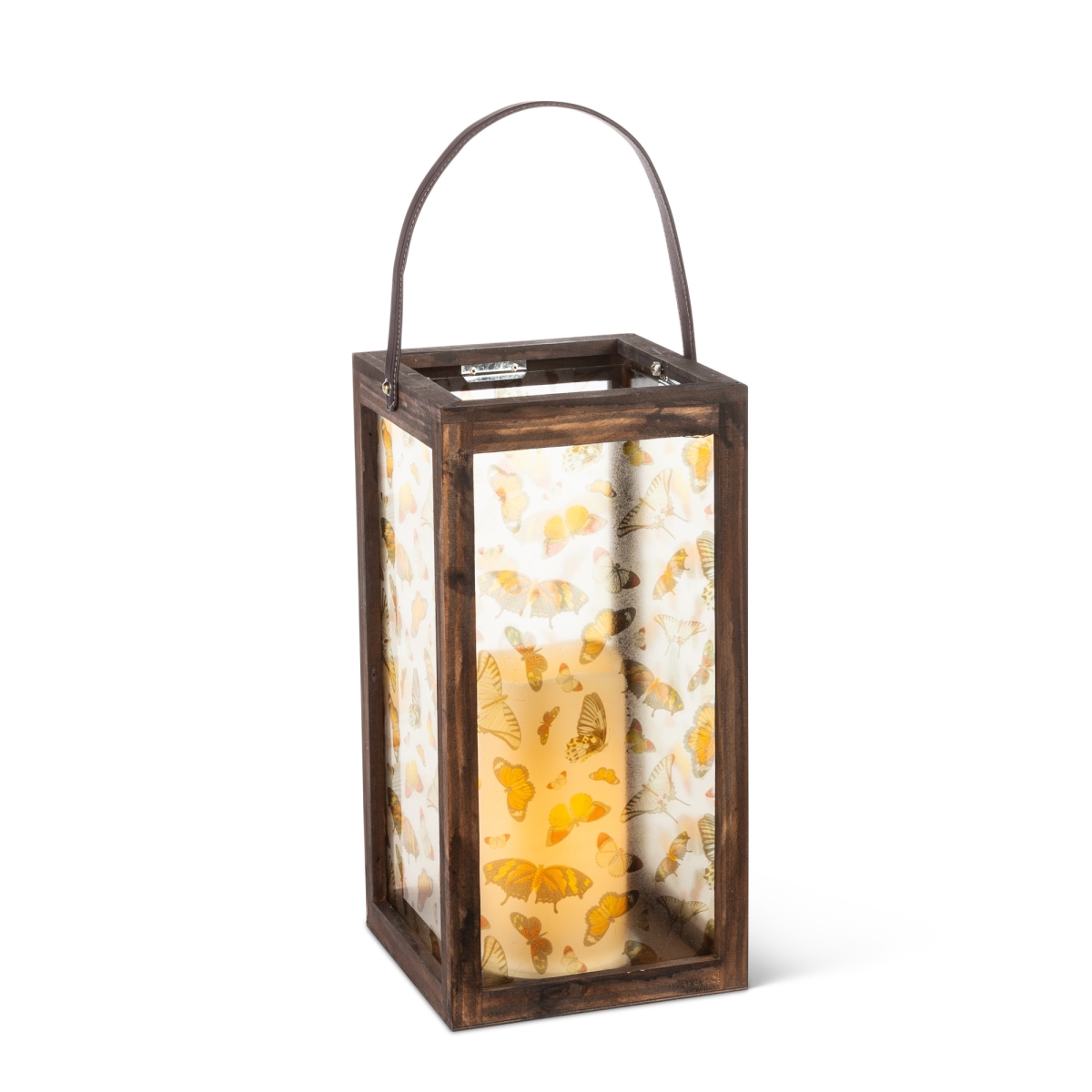 Gerson 44627ec 16 In. Wood Lantern With Yellow Butterfly Art Work On Glass Panes, Warm White Led Candle With 5-hour Timer - Multi Color