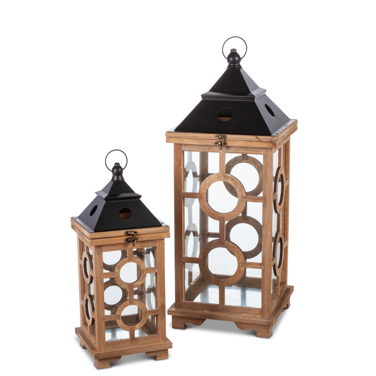 Gerson 44644ec Assorted-size Wood Lanterns With Stained Wood Finish & Black Metal Top - Brown - Set Of 2