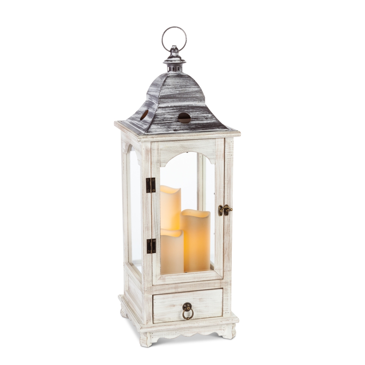 Gerson 44650ec 27 In. Faded White Wood Lantern With Metal Top & Glass Windows
