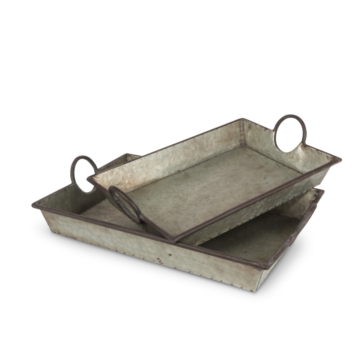 Gerson 94345ec Assorted Rustic Galvanized Metal Trays With Round Handles - Grey - Set Of 2