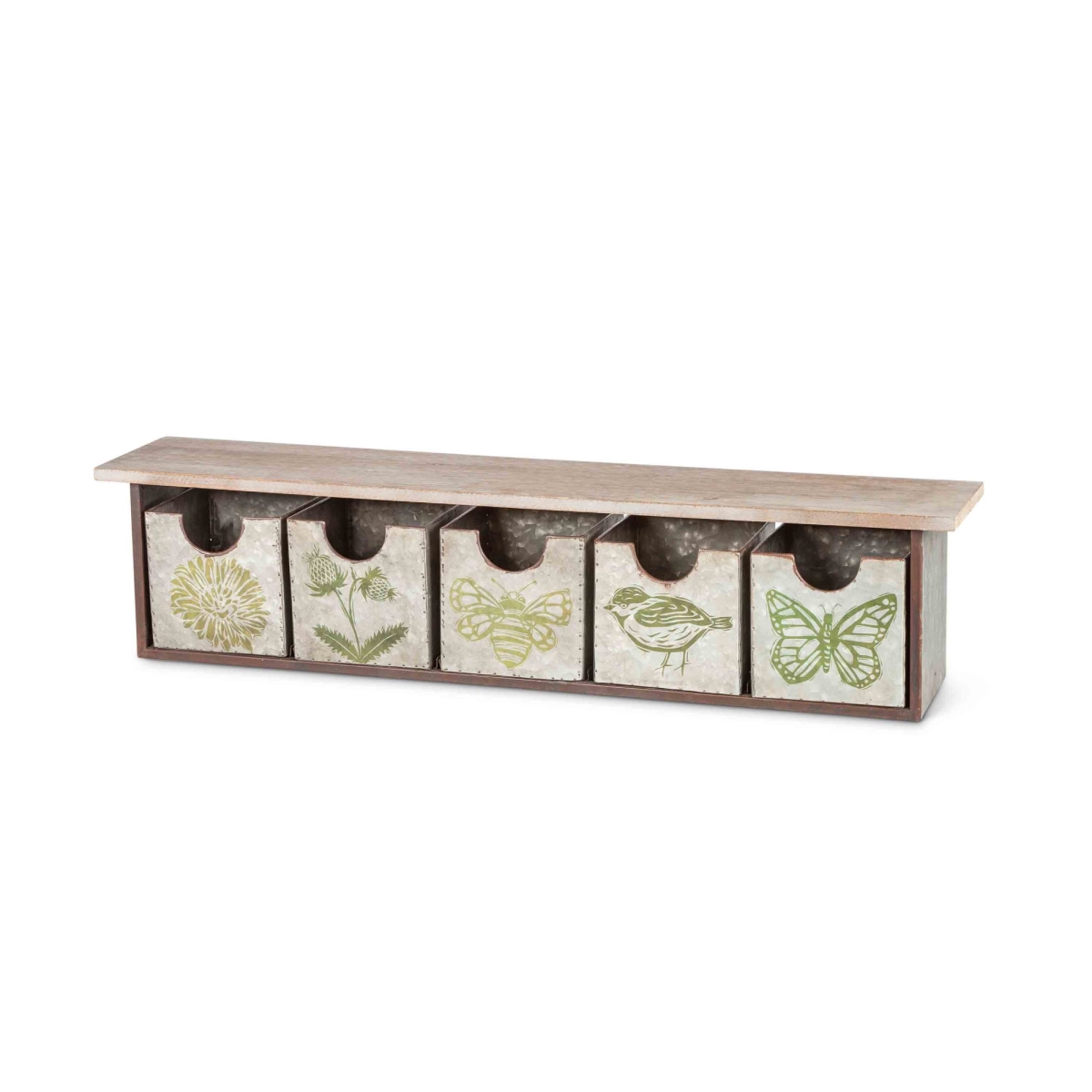 Gerson 94474ec Wood & Metal Wall Organizer With Five Drawers Decorated With Green Tow Tone Linocut Designs - Multi Color