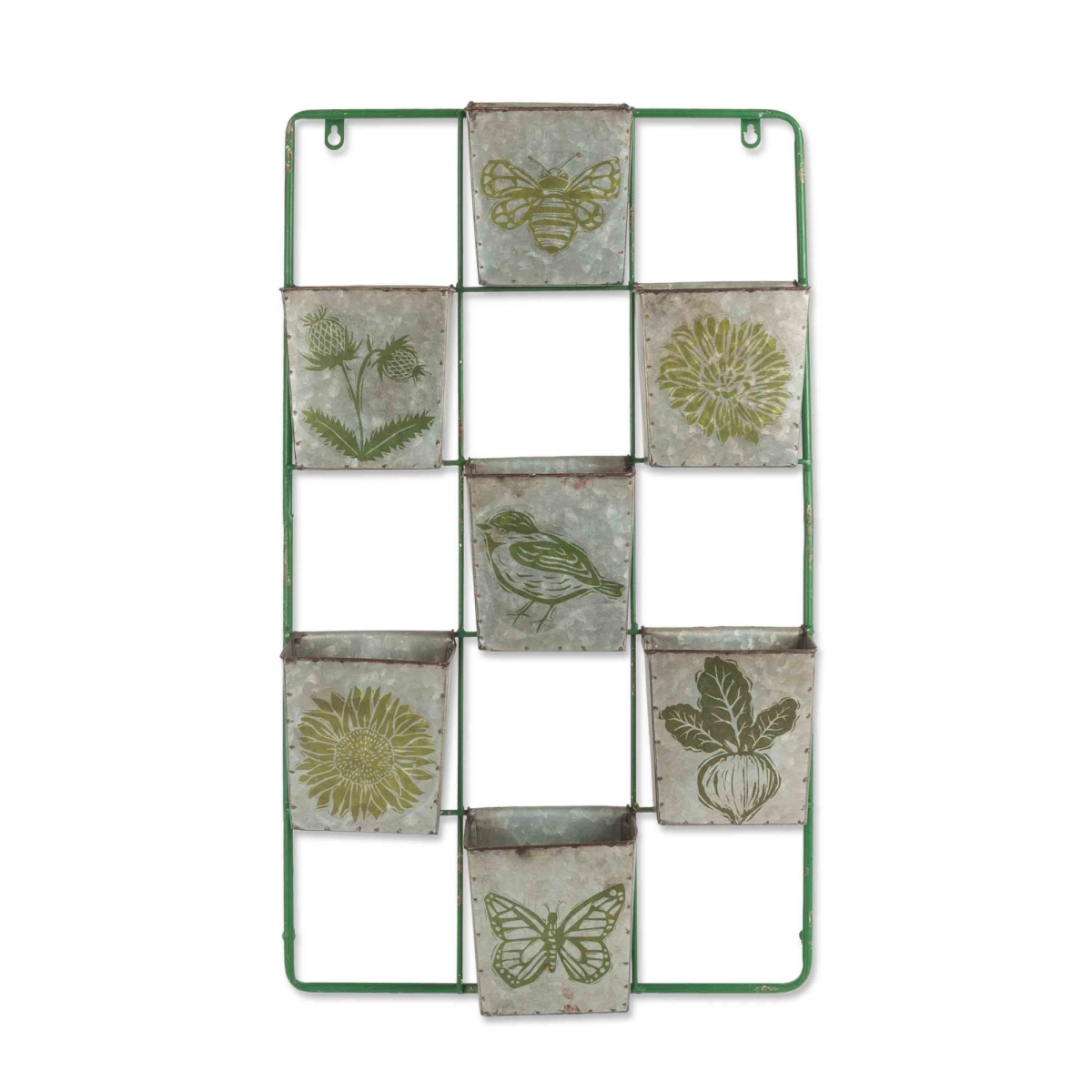 Gerson 94480ec Metal Wall Organizer With 7 Pockets Decorated In Green Two Toned Linocut Desisgns - Multi Color