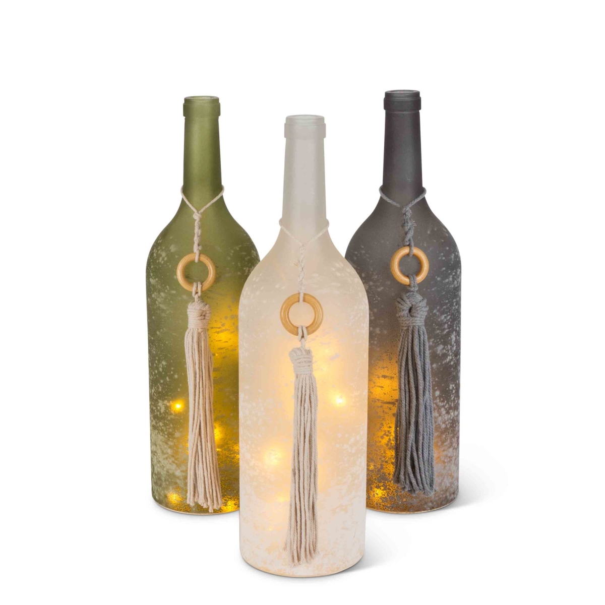 Gerson 94522ec Frosted Wine Botles With Cotton Tassel Warm White Led Battery-powered Lights & Timer - Multi Color - Set Of 3