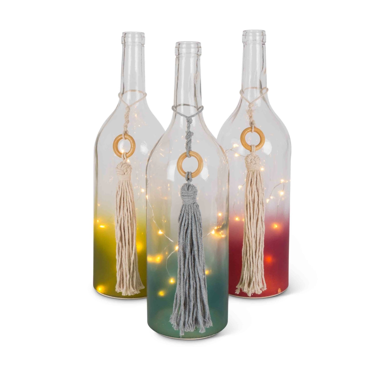 Gerson 94523ec Ombre Frosted Wine Bottles With Cotton Tassels Warm White Lights & Timer - Multi Color - Set Of 3