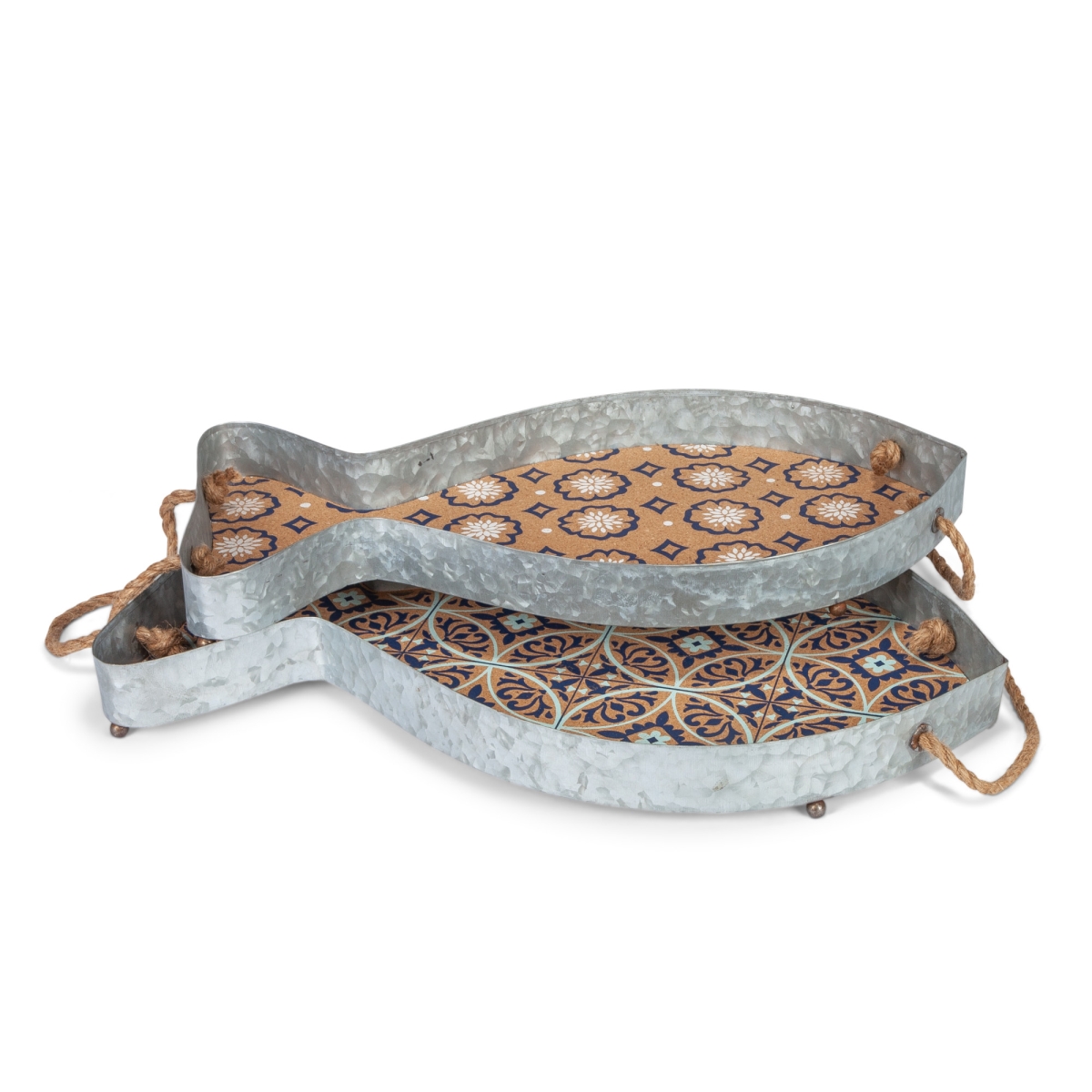 Gerson 94618ec Assorted-size Galvanized Fish Trays With Cork Printed Bases & Rope Handle - Multi Color - Set Of 2